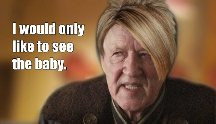 This meme features a screenshot of a character from a TV show or movie, likely a comedic or satirical scene. The character's facial expression is exaggerated and humorous. The text "I would only like to see the baby" is overlaid on the image, implying that the character is being sarcastic or ironic about wanting to see a baby, possibly a child or a newborn.